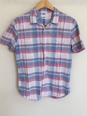 Lucky Brand Men’s Medium Plaid Seersucker Short Sleeve Button Down Shirt